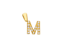 Load image into Gallery viewer, 18K YELLOW GOLD SMALL 10mm 0.4&quot; PENDANT CHARM INITIAL LETTER M &amp; CUBIC ZIRCONIA.
