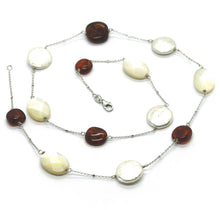 Load image into Gallery viewer, 18k white gold necklace, alternate amber, pearl disc and oval mother of pearl.
