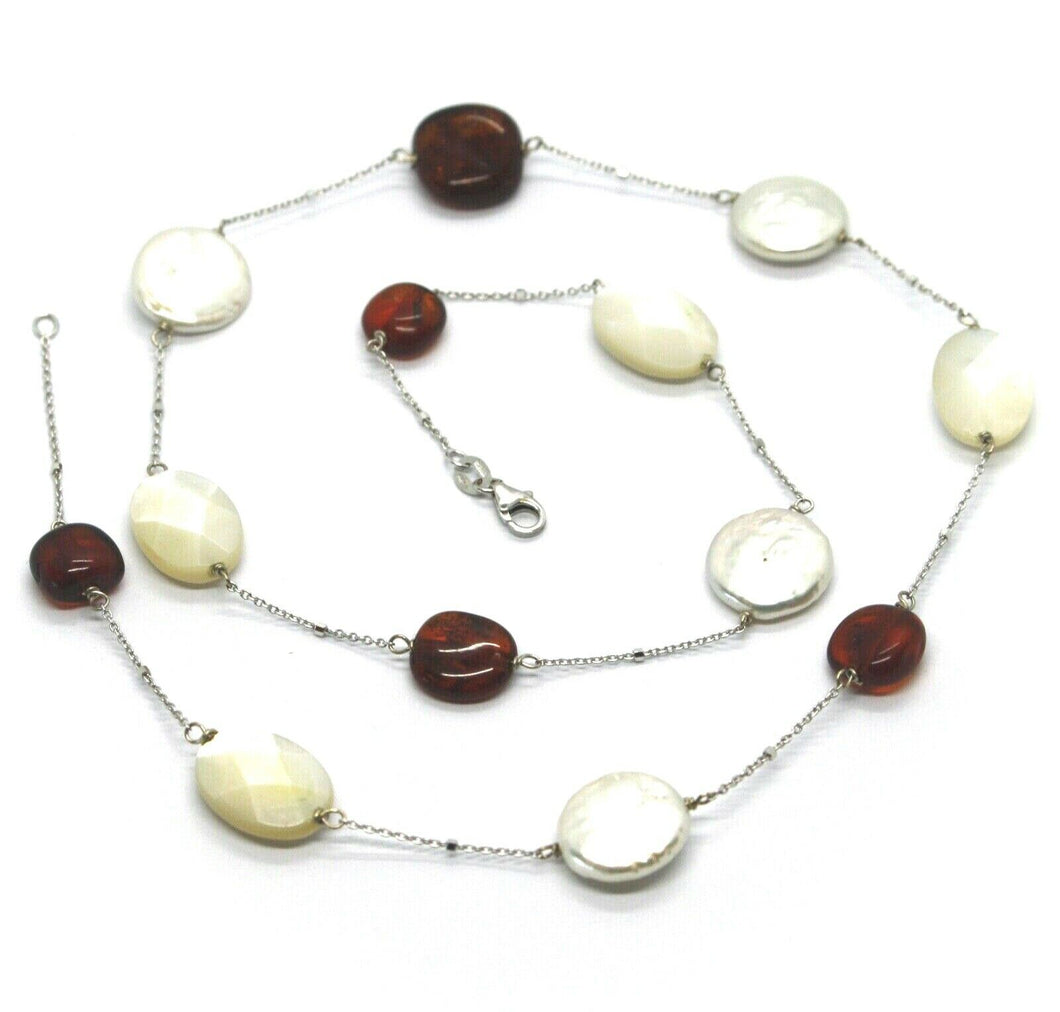 18k white gold necklace, alternate amber, pearl disc and oval mother of pearl.