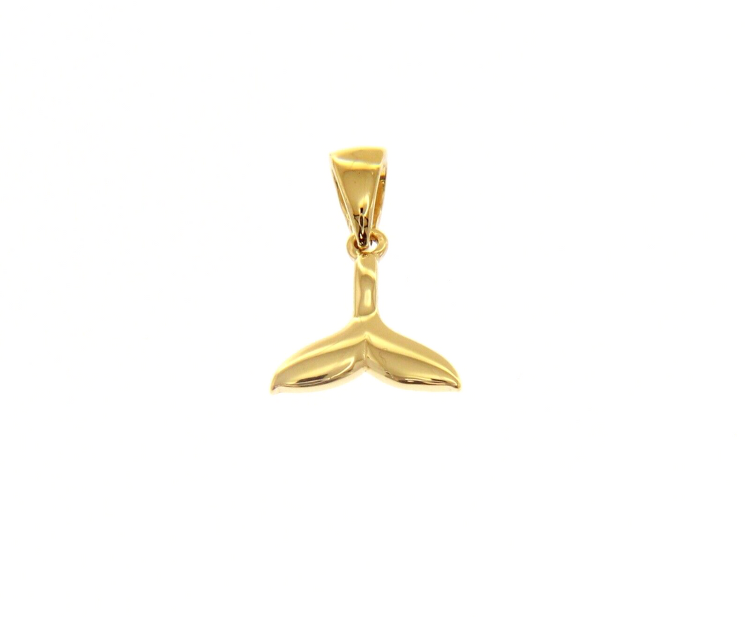 18K YELLOW GOLD SMALL 10mm WHALE TAIL CHARM PENDANT SMOOTH BRIGHT, MADE IN ITALY.