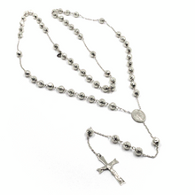 Load image into Gallery viewer, 18k white gold rosary necklace miraculous medal Jesus cross, diamond cut spheres.
