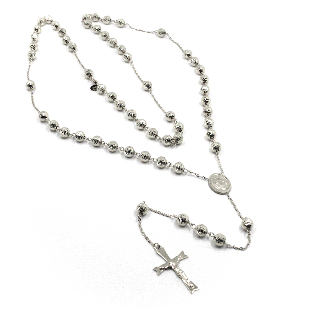 18k white gold rosary necklace miraculous medal Jesus cross, diamond cut spheres.