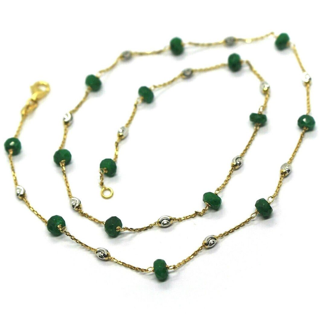 18k yellow gold necklace, 4mm green emerald & 3mm faceted white balls, 24