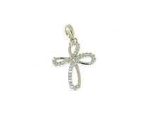 Load image into Gallery viewer, 18K WHITE GOLD 11mm ONDULATE FOUR LEAF CROSS WITH WHITE ROUND CUBIC ZIRCONIA.
