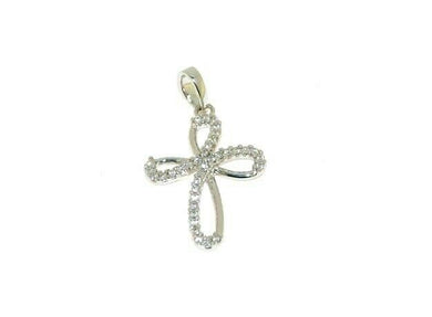 18K WHITE GOLD 11mm ONDULATE FOUR LEAF CROSS WITH WHITE ROUND CUBIC ZIRCONIA.