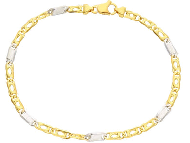 SOLID 18K YELLOW WHITE GOLD BRACELET TIGER EYE ALTERNATE 3+1 FLAT LINKS 3.5mm.