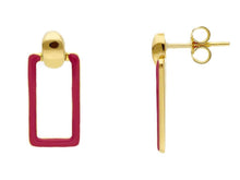 Load image into Gallery viewer, 18K YELLOW GOLD PURPLE ENAMEL RECTANGULAR 22mm PENDANT TUBE EARRINGS.
