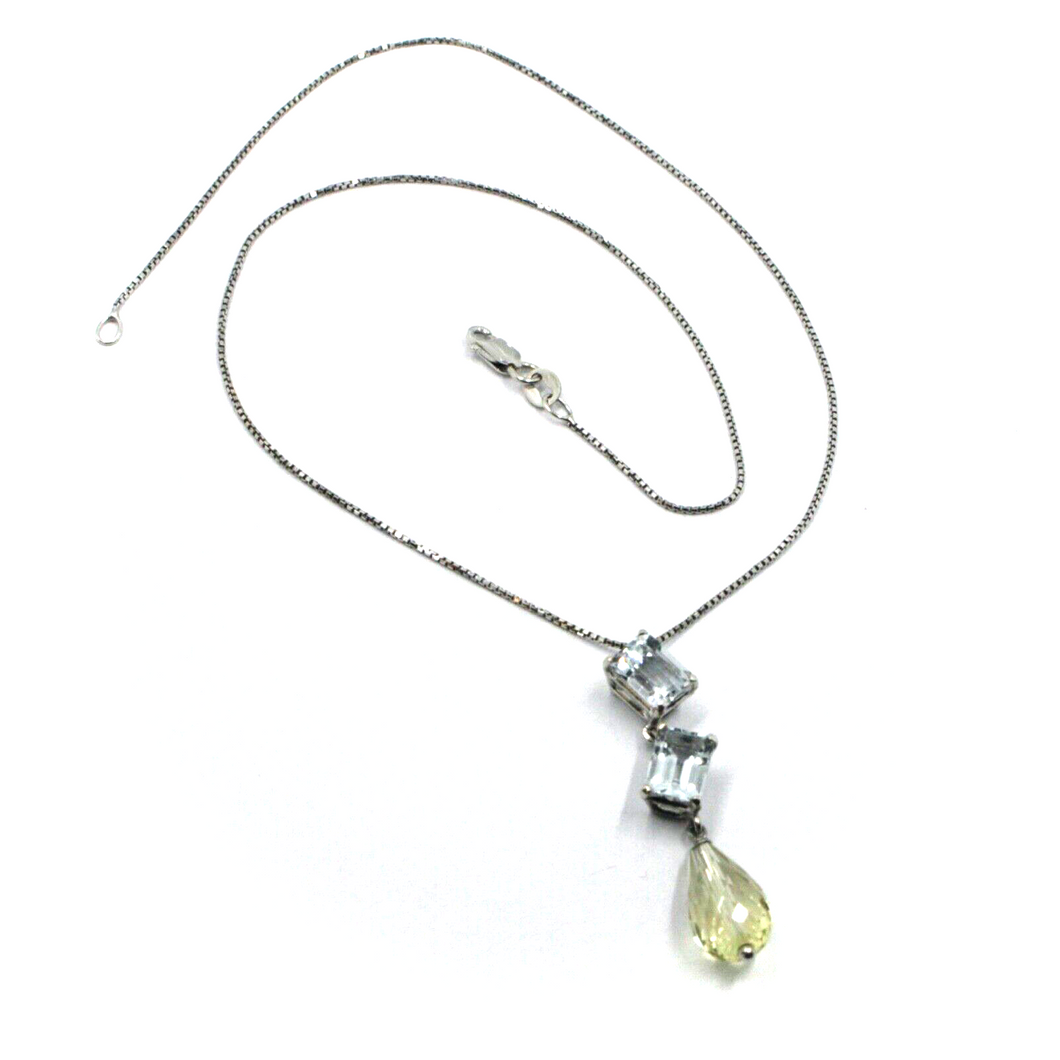 18k white gold aquamarine 3 ct lemon quartz drop pendant venetian chain necklace.