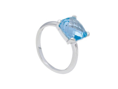 solid 18k white gold four prongs ring with big 10mm blue topaz, cushion cut.