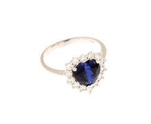 Load image into Gallery viewer, 18k white gold heart ring, blue recrystallized sapphire, cubic zirconia frame.
