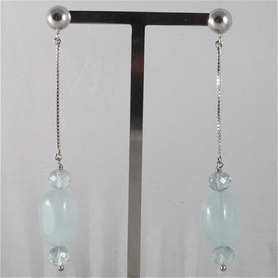 SOLID 18K WHITE GOLD PENDANT EARRINGS, FACETED ROUGH AQUAMARINE, MADE IN ITALY.