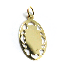 Load image into Gallery viewer, 18k yellow gold oval flat medal 16x23mm Saint Pio of Pietrelcina hearts pendant.
