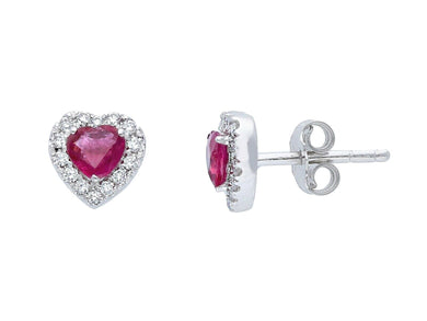 18K WHITE GOLD HEART EARRINGS, 0.72 carats RUBIES & DIAMONDS, 0.8mm LENGTH.