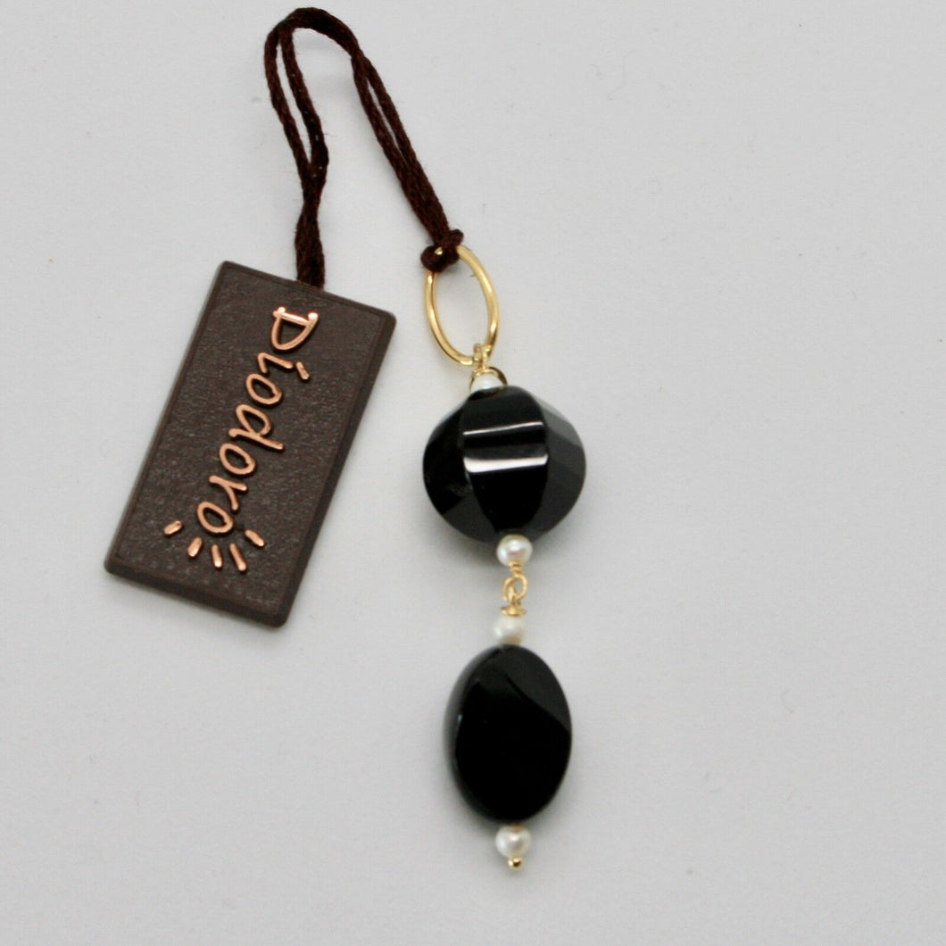 SOLID 18K YELLOW GOLD PENDANT WITH WHITE FW PEARL AND BLACK ONYX,  MADE IN ITALY