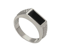 Load image into Gallery viewer, 18K WHITE GOLD MAN BAND 6mm THICK RING MODERN SQUARED RECTANGULAR BLACK ONYX.
