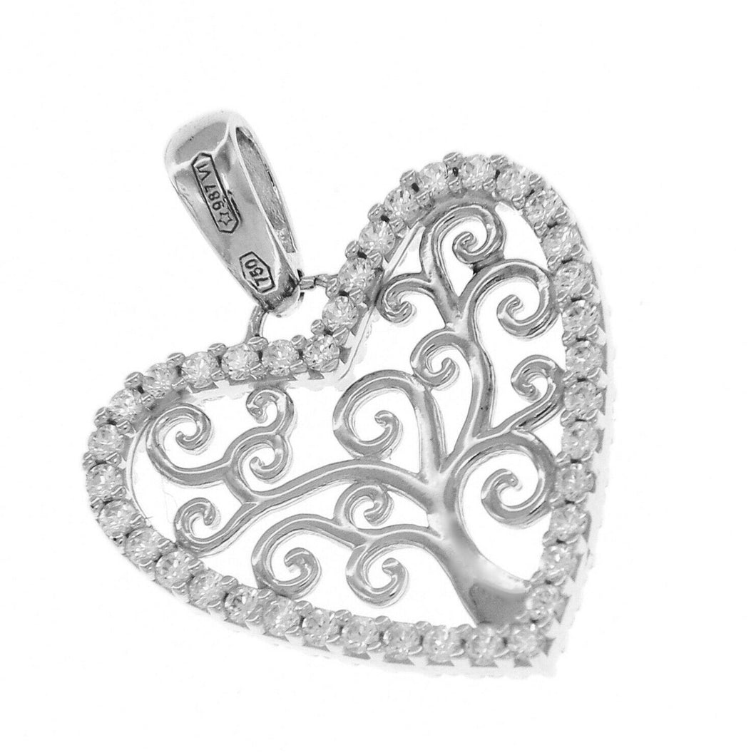 SOLID 18K WHITE GOLD PENDANT HEART TREE OF LIFE CUBIC ZIRCONIA 17mm 0.67 inches.