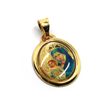 18k yellow gold enamel oval medal, 17x15mm Virgin Mary Mater Ecclesia Totus Tuus.