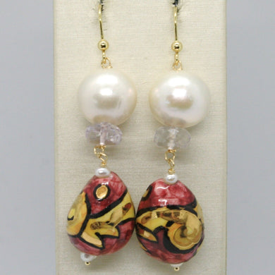 18k yellow gold earrings amethyst pearl & ceramic big drop hand painted in italy.