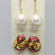 18k yellow gold earrings amethyst pearl & ceramic big drop hand painted in italy.