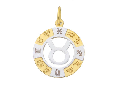 18k yellow white gold zodiac sign round 20mm medal pendant, zodiacal, taurus.