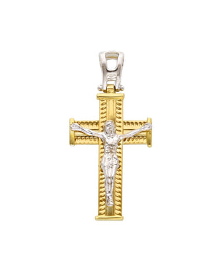 18K YELLOW WHITE GOLD SQUARED WORKED CROSS PENDANT, SMOOTH, JESUS CHRIST, 27mm.