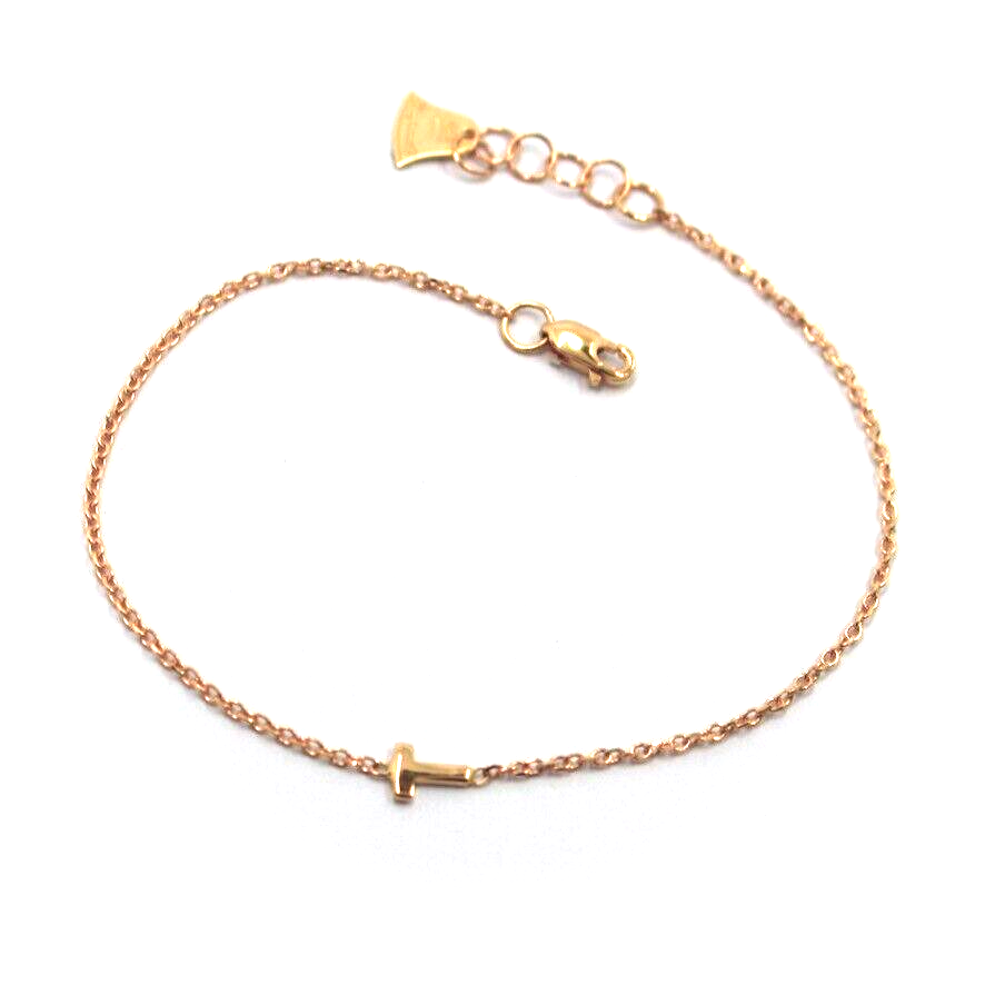 18k rose gold rolo thin bracelet with central small 5mm letter initial T.