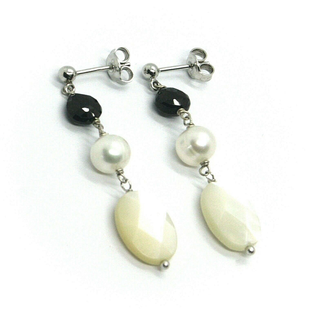 18k white gold pendant earrings alternate pearl, oval mother of pearl, spinel.