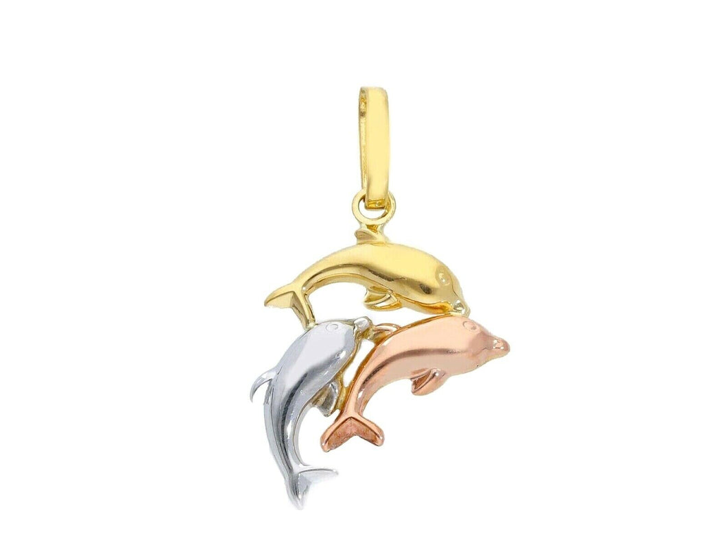 18K YELLOW ROSE WHITE GOLD PENDANT, THREE JUMPING DOLPHINS, MADE IN ITALY.