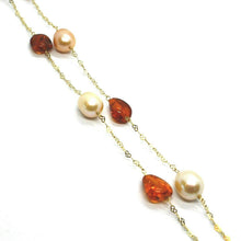 Load image into Gallery viewer, 18K YELLOW GOLD NECKLACE 24&quot;, HEARTS CHAIN, ALTERNATE AMBER &amp; ROSE DROP PEARLS
