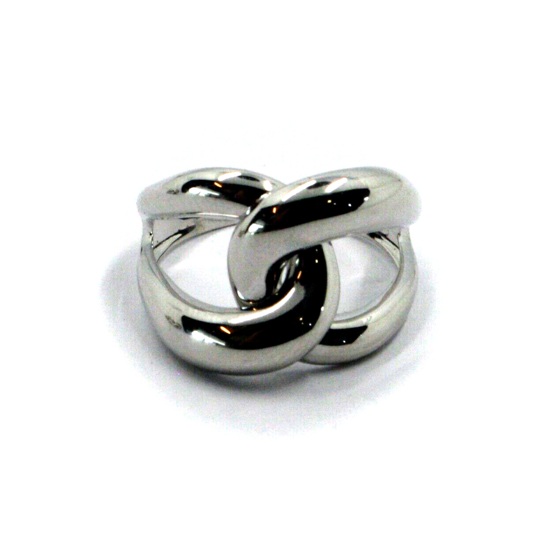 SOLID 18K WHITE GOLD CENTRAL 15mm ROUNDED BRAIDED HUG CROSSED PUFFED BAND RING.