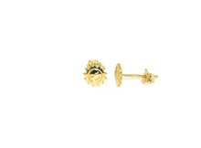 Load image into Gallery viewer, 18k yellow gold flat small baby girl 5mm sun earrings, butterfly closure.
