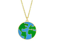 18K YELLOW GOLD NECKLACE, ENAMEL GLAZED GLOBE EARTH WORLD MAP PENDANT ITALY MADE.