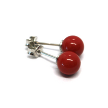 Load image into Gallery viewer, 18k white gold 7mm spheres intense red reconstructed coral button earrings.
