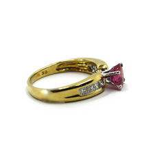 Load image into Gallery viewer, 18k yellow gold band ring oval red ruby 6x5mm 0.95ct &amp; diamonds princess cut.
