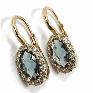 18k rose gold leverback flower earrings, oval blue crystal, cubic zirconia frame.