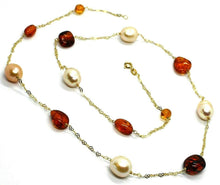 Load image into Gallery viewer, 18K YELLOW GOLD NECKLACE 24&quot;, HEARTS CHAIN, ALTERNATE AMBER &amp; ROSE DROP PEARLS
