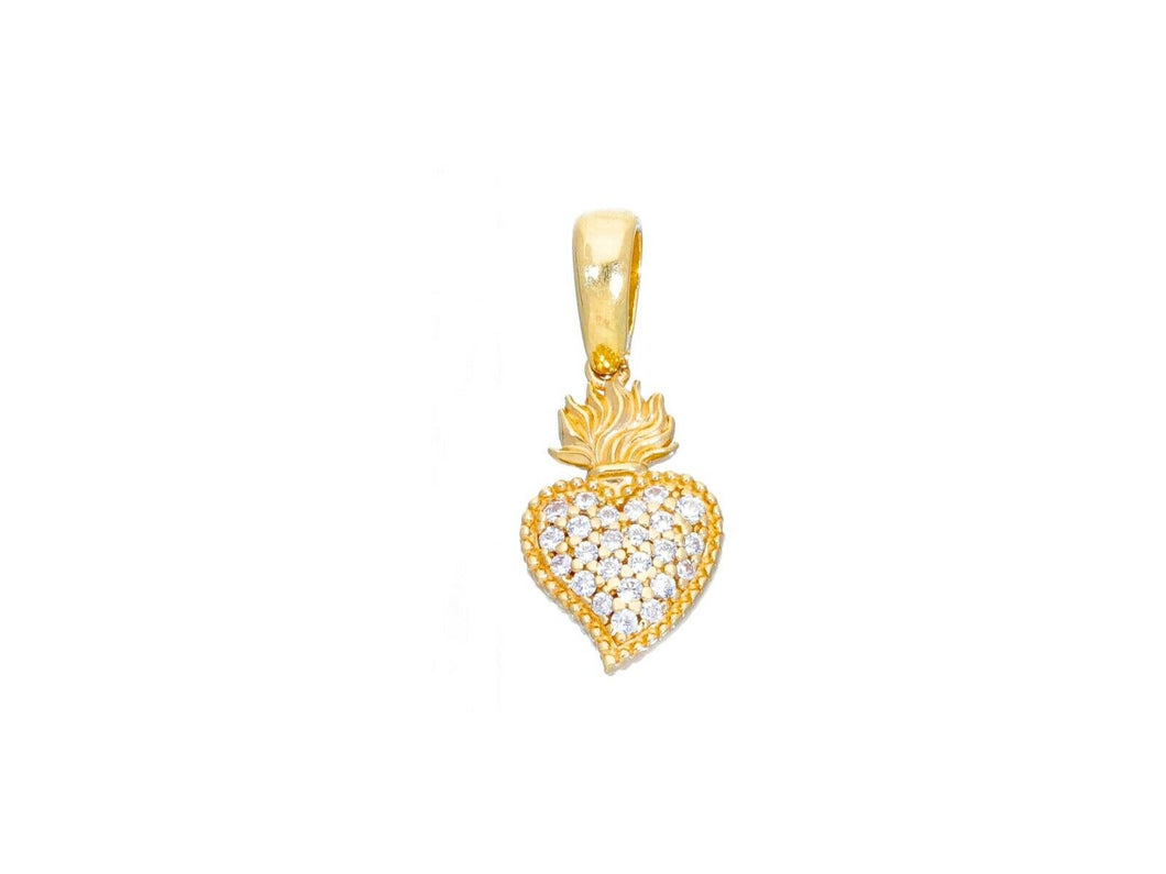 18K YELLOW GOLD SMALL 12mm SACRED HEART OF JESUS PENDANT ZIRCONIA, MADE IN ITALY.