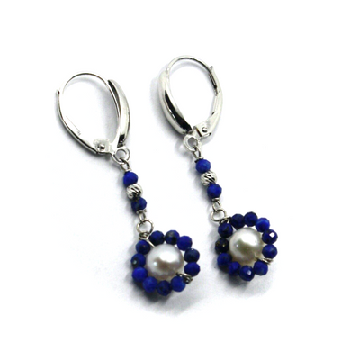 18k white gold 40mm pendant flower lapis lazuli earrings freshwater white pearl.