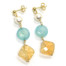 Load image into Gallery viewer, 18k yellow gold pendant earrings, pearl, blue jade and citrine, 1.77 inches.
