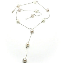 Load image into Gallery viewer, 18k white gold lariat necklace venetian chain purple &amp; white pearls 8.5 mm.
