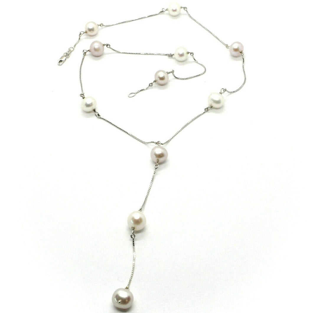 18k white gold lariat necklace venetian chain purple & white pearls 8.5 mm.