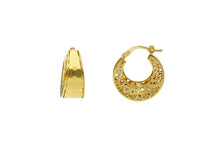 Load image into Gallery viewer, 18K YELLOW GOLD HOOPS 18x8mm EARRINGS FINELY WORKED HONEYCOMB &amp; FLOWER CIRCLE 3D.

