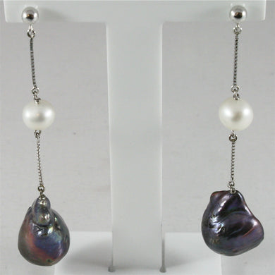 18k white gold pendant earrings with baroque drop black pearls, made in Italy.