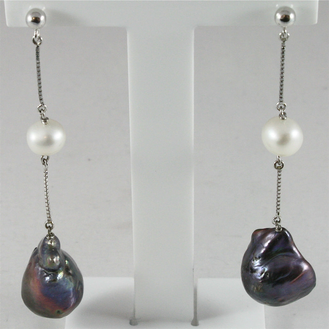 18k white gold pendant earrings with baroque drop black pearls, made in Italy