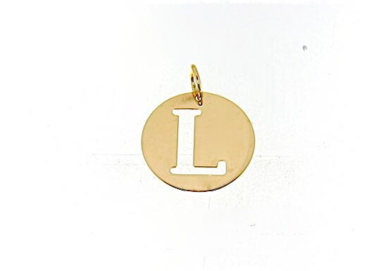 18K YELLOW GOLD LUSTER ROUND MEDAL WITH LETTER L MADE IN ITALY DIAMETER 0.5 IN