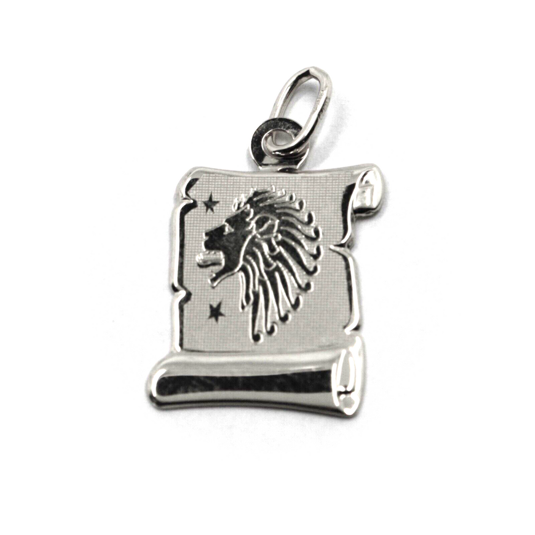 18k white gold parchment medal pendant, 18mm zodiacal sign leo, smooth & satin.