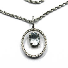 Load image into Gallery viewer, 18k white gold oval aquamarine 1.80 ct oval diamonds pendant rope chain necklace.
