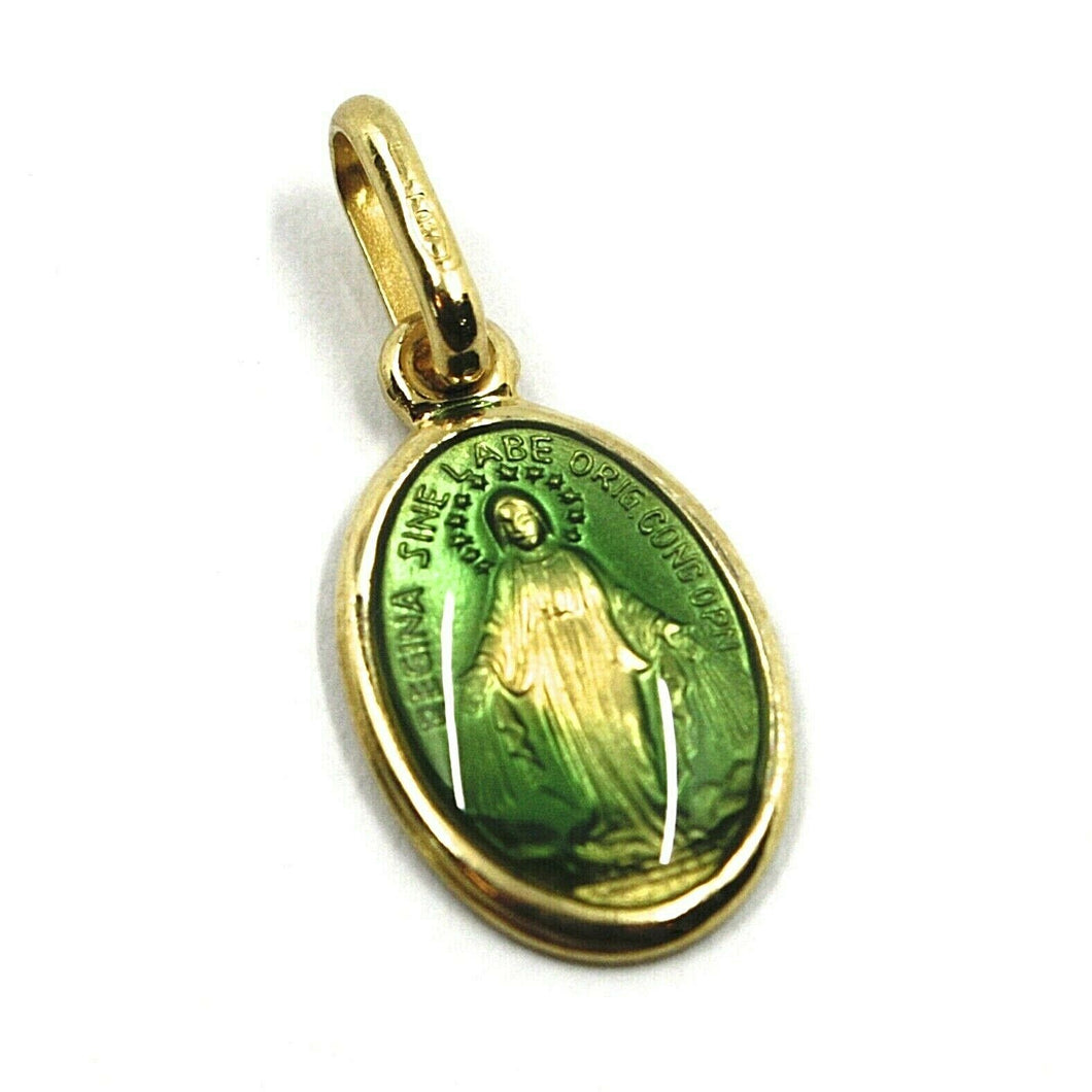 solid 18k yellow oval gold medal, Virgin Mary 13mm, miraculous, green enamel pendant
