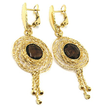 Load image into Gallery viewer, 18K YELLOW GOLD PENDANT EARRINGS, MULTI WIRE FLOWER SMOKY QUARTZ, FRINGES BALLS
