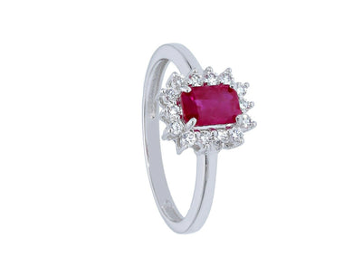 18k white gold flower ring, diamonds 0.22 & emerald cut red ruby 0.70 Italy made.